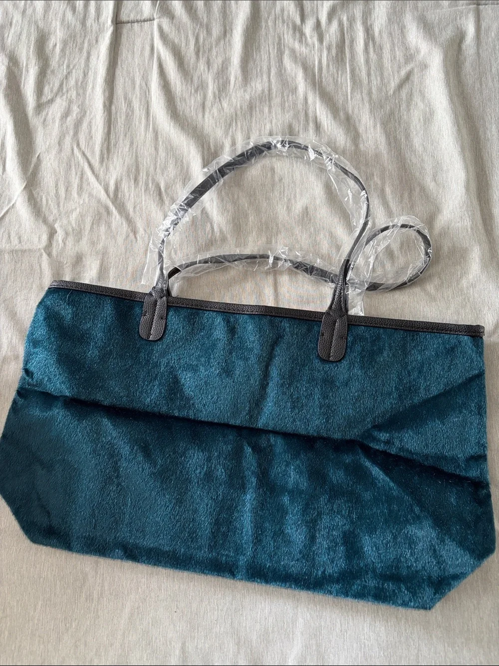Teal Plush Tote Bag with Black Trim
